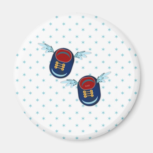 Cute flying winged little shoes in blue & red magnet (Front)