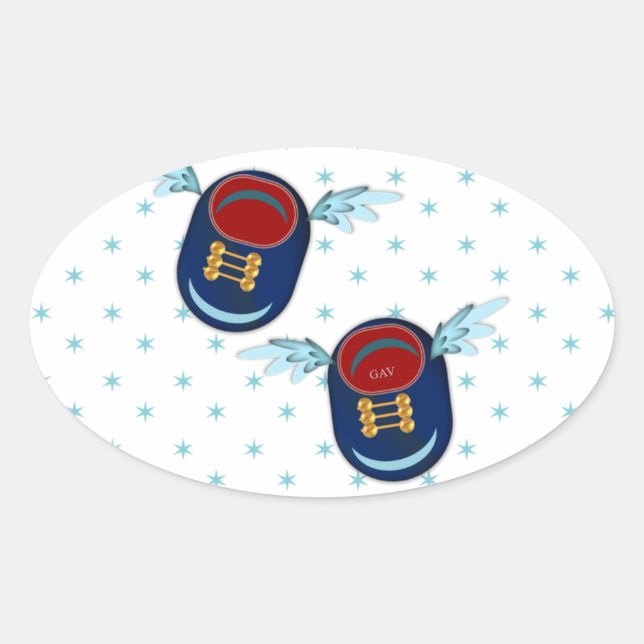 Cute flying winged little shoes in blue & red oval sticker (Front)