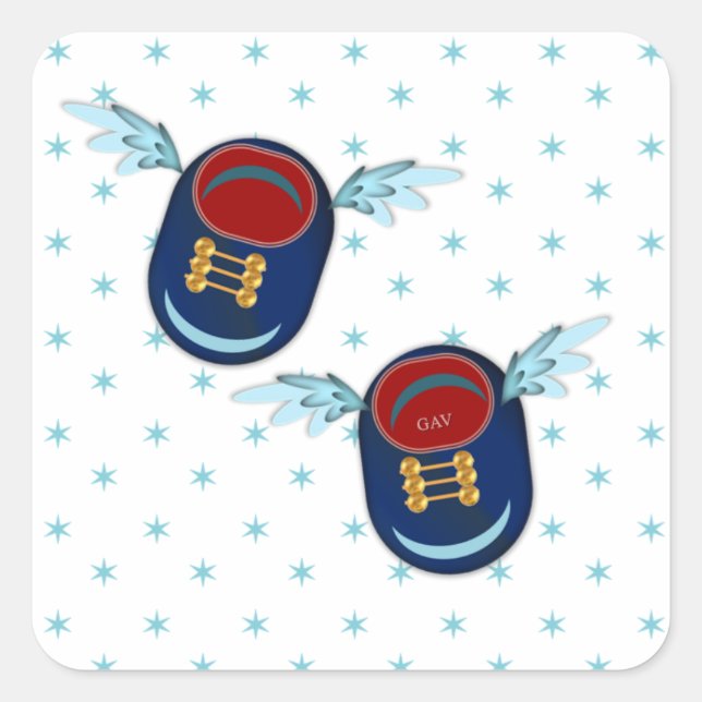 Cute flying winged little shoes in blue & red square sticker (Front)