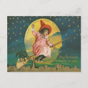 Cute Flying Witch Black Cat Full Moon Postcard
