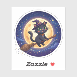Cute Flying Witch Black Cat Moon Halloween Sticker