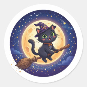 Cute Flying Witch Black Cat Moon Halloween Sticker