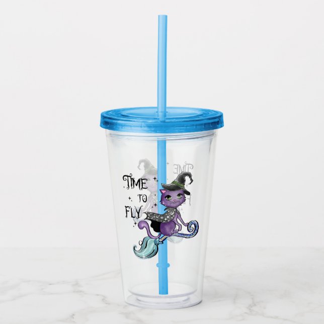 Cute Flying Witch Cat | Time To Fly Acrylic Tumbler (Front)