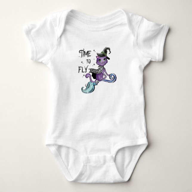 Cute Flying Witch Cat | Time To Fly Baby Bodysuit (Front)