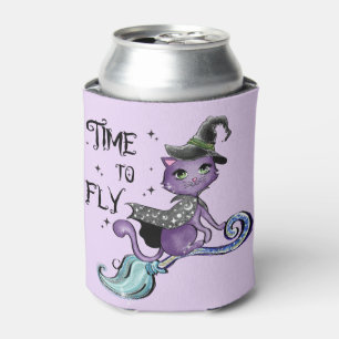 Cute Flying Witch Cat Time To Fly Can Cooler