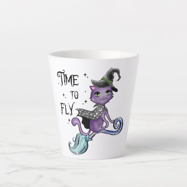 Cute Flying Witch Cat | Time To Fly Latte Mug (Front)