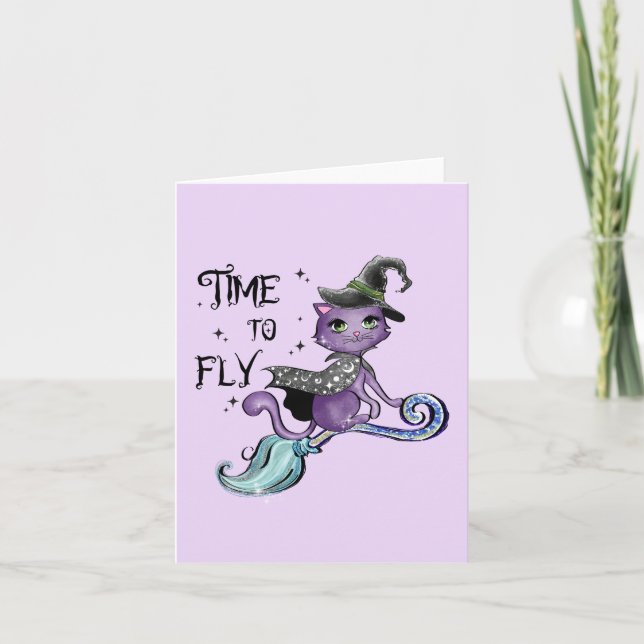 Cute Flying Witch Cat | Time To Fly Note Card (Front)