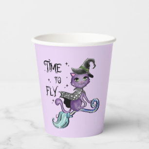 Cute Flying Witch Cat Time To Fly Paper Cups