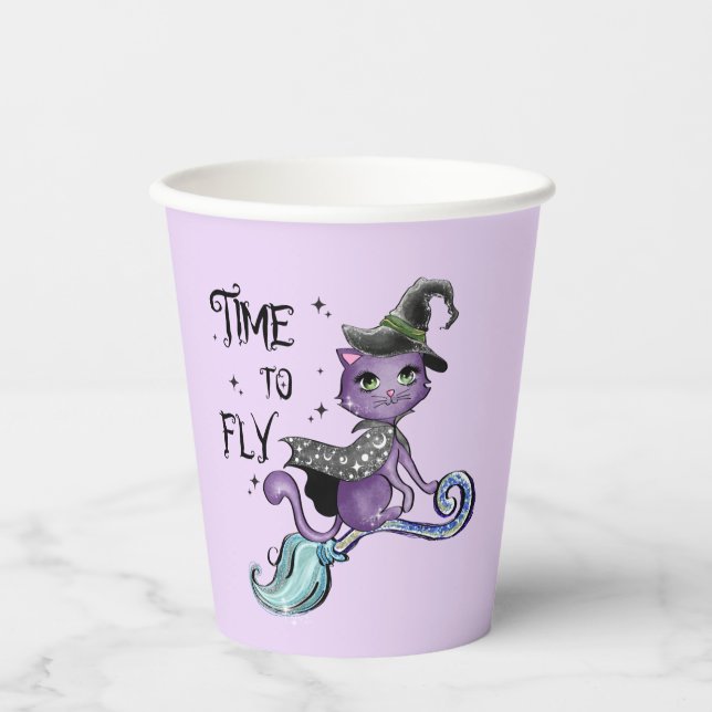 Cute Flying Witch Cat | Time To Fly Paper Cups (Front)