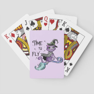 Cute Flying Witch Cat   Time To Fly Playing Cards
