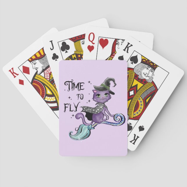 Cute Flying Witch Cat | Time To Fly Playing Cards (Back)