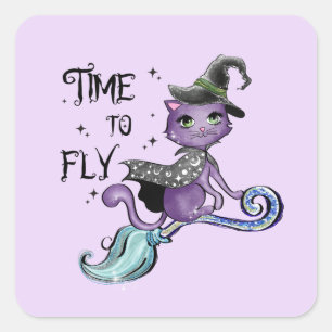 Cute Flying Witch Cat   Time To Fly Square Sticker