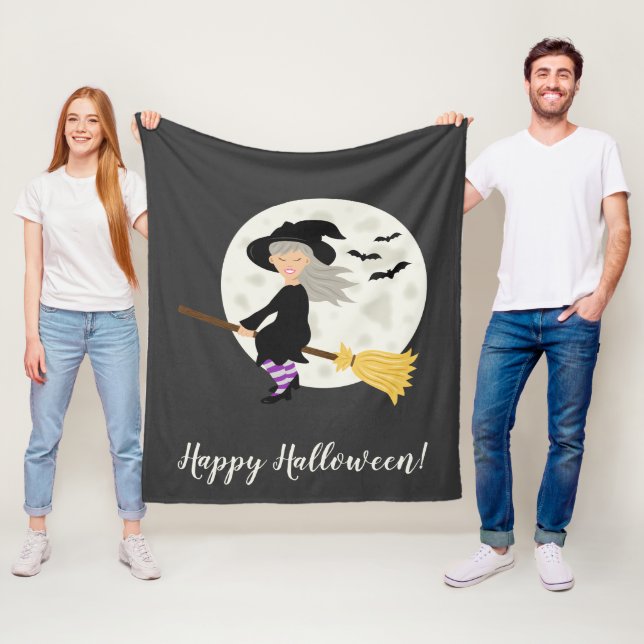 Cute Flying Witch Girl Halloween Illustration Fleece Blanket (In Situ)