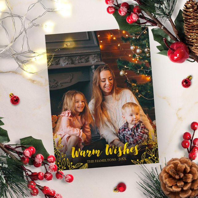 Cute Foliage Gold Foil Warm Wishes Photo Christmas Postcard (Creator Uploaded)