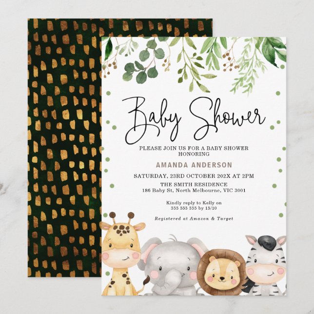 Cute Foliage Safari Animals Baby Shower Invitation (Front/Back)