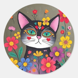 Cute Folk Art Black Cat and Flowers Classic Round Sticker