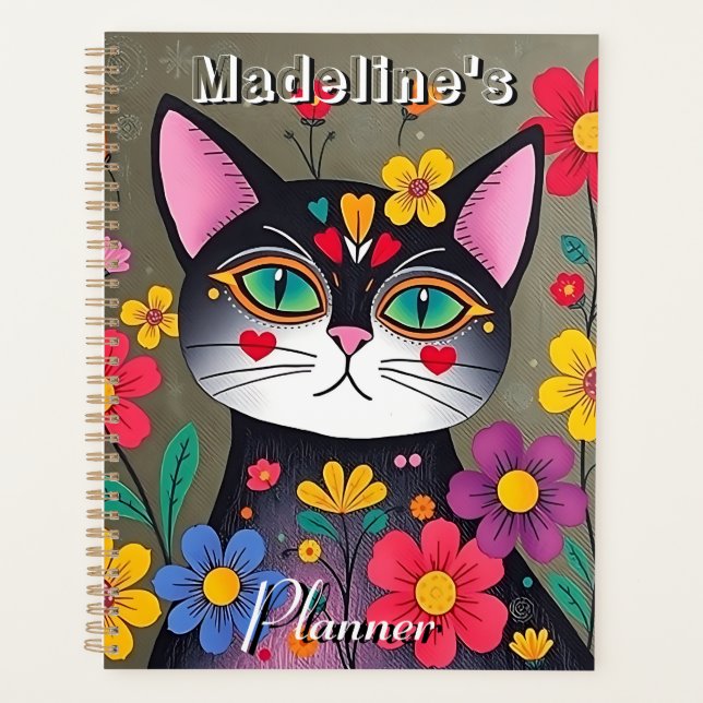 Cute Folk Art Black Cat and Flowers Personalised Planner (Front)