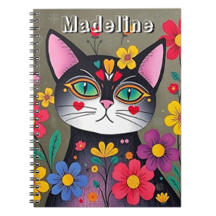 Cute Folk Art Black Cat and Flowers Personalized Notebook