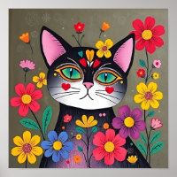 Cute Folk Art Black Cat and Flowers