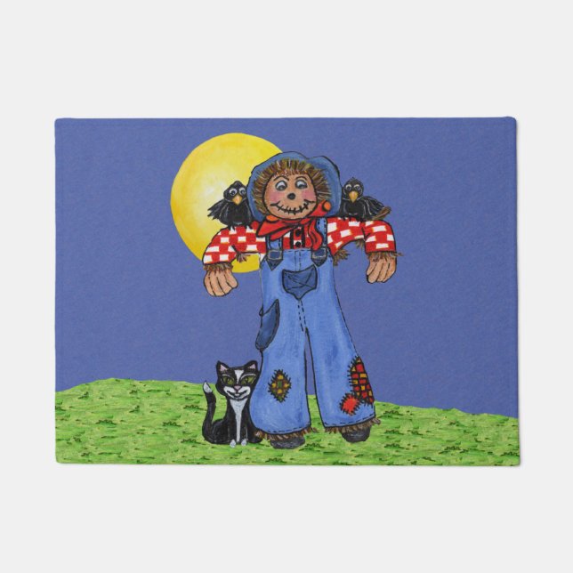 Cute Folk Art Blue Jeans Scarecrow Crows Halloween Doormat (Front)