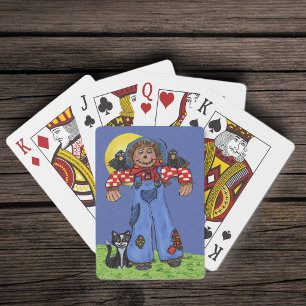 Cute Folk Art Blue Jeans Scarecrow Crows Halloween Playing Cards