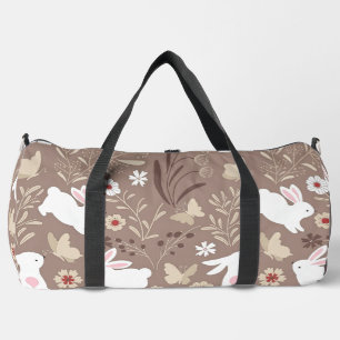 Cute Folk Art Bunny and Flowers Duffle Bag