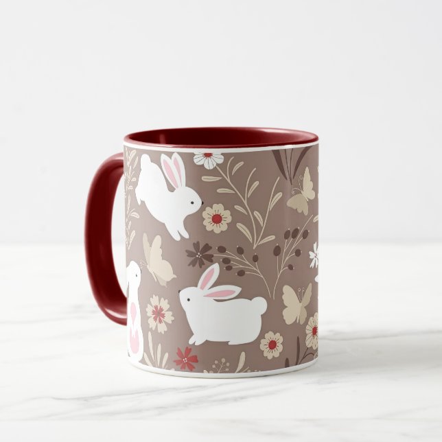 Cute Folk Art Bunny and Flowers Mug (Front Left)