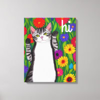 Cute Folk Art Cat saying Hi among Flowers