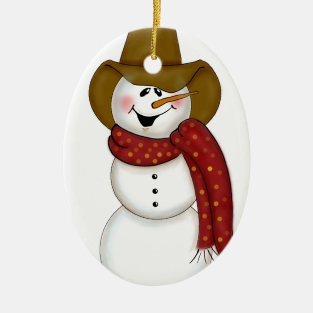Cute Folk Art Cowboy Snowman Ceramic Tree Decoration (Front)