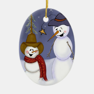 Cute Folk Art Cowboy Snowman Ceramic Tree Decoration
