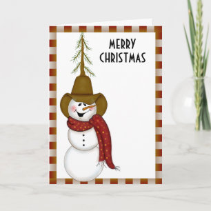 Cute Folk Art Cowboy Snowman Christmas Holiday Card