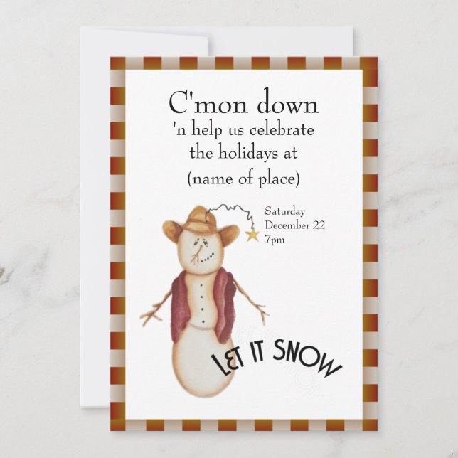 Cute Folk Art Cowboy Snowman Christmas Invitation (Front)