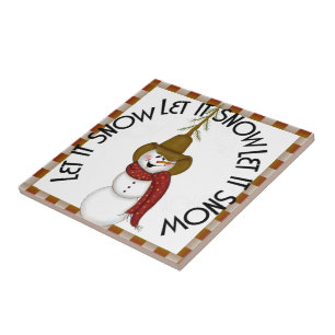 Cute Folk Art Cowboy Snowman Christmas Tile