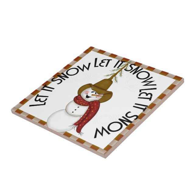 Cute Folk Art Cowboy Snowman Christmas Tile (Side)