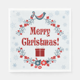 Cute Folk Art Merry Christmas Wreath Napkin