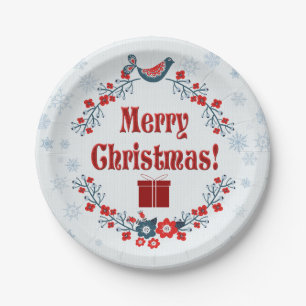 Cute Folk Art Merry Christmas Wreath  Paper Plate