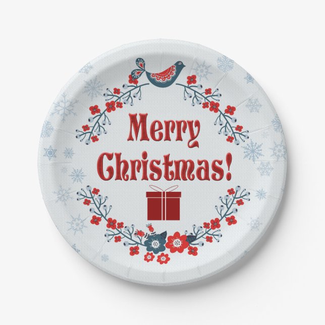 Cute Folk Art Merry Christmas Wreath  Paper Plate (Front)