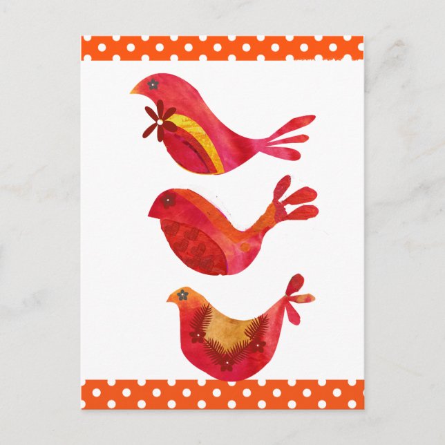 Cute Folk Art Red Bird Trio Watercolor Postcard (Front)