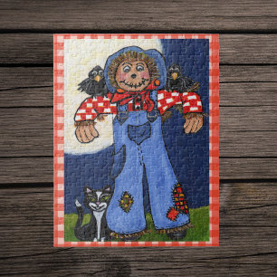 Cute Folk Art Scarerow Cat Crows on Plaid Jigsaw Puzzle