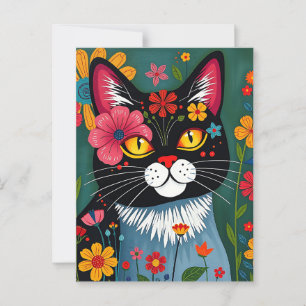 Cute Folk Art Whimsical Cat and Flowers Postcard
