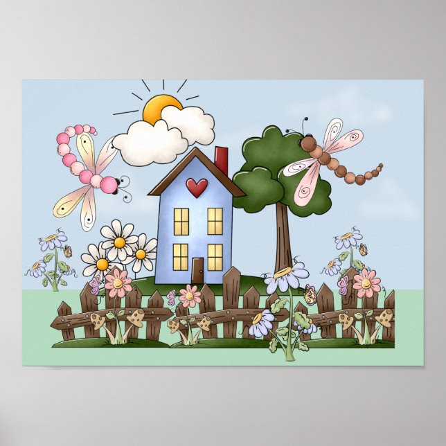 Cute Folk Country House and Picket Fence Art Poster (Front)