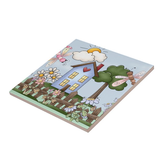 Cute Folk Country House and Picket Fence Art Tile (Side)