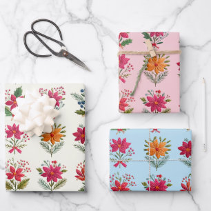 Cute Folk Floral Christmas Wrapping Paper Sheet