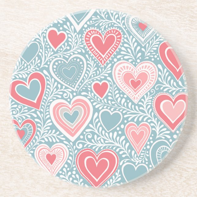  Cute Folk Floral Heart Dusty Blue Blush Pink Girl Coaster (Front)