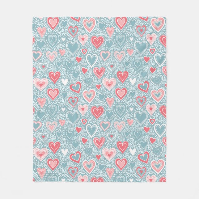  Cute Folk Floral Heart Dusty Blue Blush Pink Girl Fleece Blanket (Front)