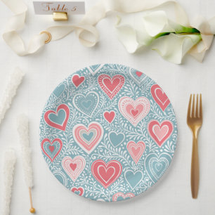  Cute Folk Floral Heart Dusty Blue Blush Pink Girl Paper Plate