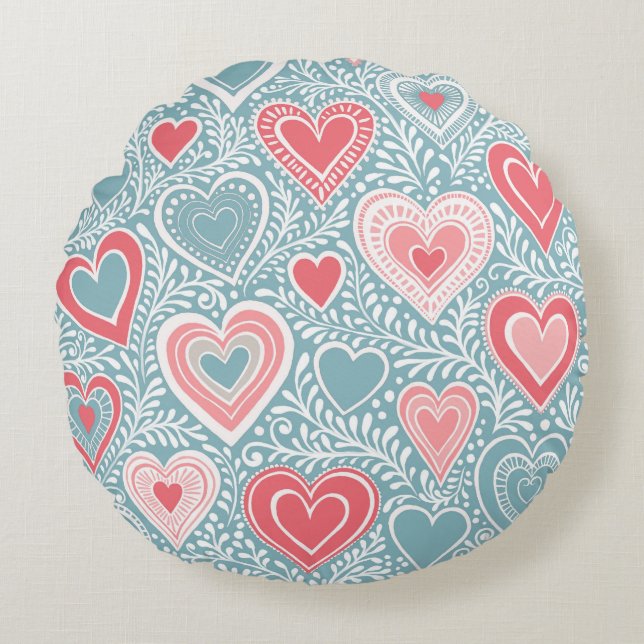  Cute Folk Floral Heart Dusty Blue Blush Pink Girl Round Cushion (Front)