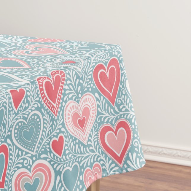  Cute Folk Floral Heart Dusty Blue Blush Pink Girl Tablecloth (In Situ)