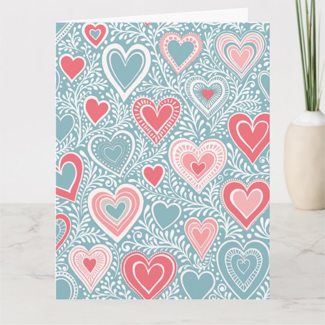 Cute Folk Floral Heart Dusty Blue Pink Baby Shower Card (Front)