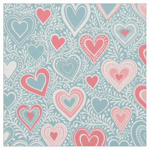 Cute Folk Floral Heart Dusty Blue Pink Baby Shower Fabric